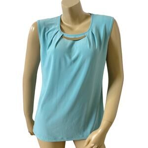 Roz & Ali Womens Medium Blue Sleeveless Blouse Pleated Embellished Tank Top